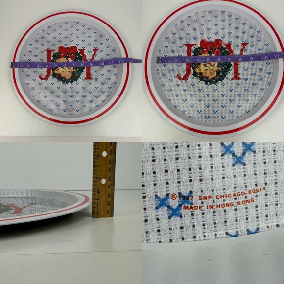 Vtg Round Metal Tin Tray Joy Printed Cross Stitch Design Teddy Bear SNP Chicago - Picture 3 of 13